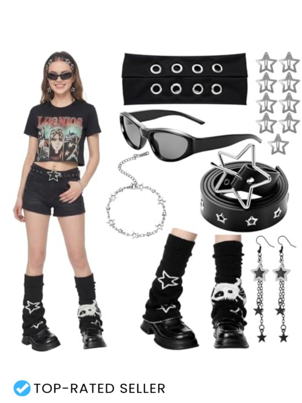 Y2k Accessory Set 15 Pcs with Leg Warmers, Star Jewelry, Belt, Sunglasses